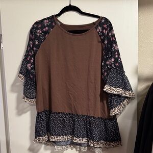 Chic Brown Floral and Leopard Print Women's Blouse